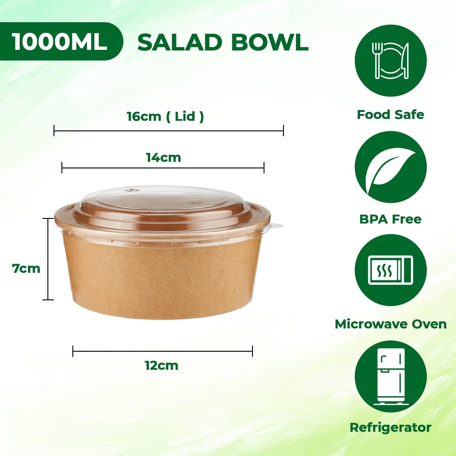 1000ml (35oz) Kraft Takeaway Paper Salad Food Bowls - Image 3