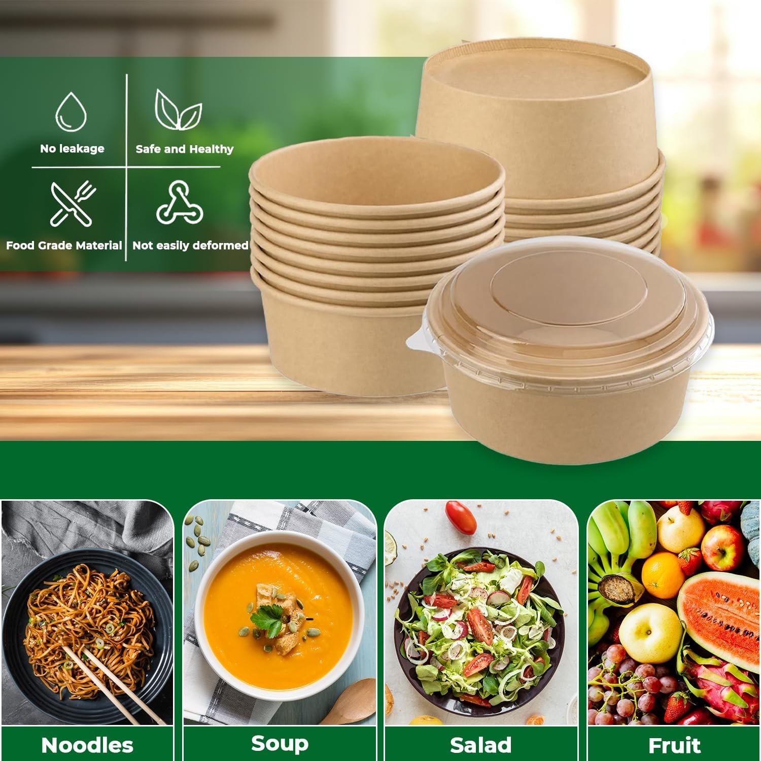 1000ml (35oz) Kraft Takeaway Paper Salad Food Bowls - Image 6