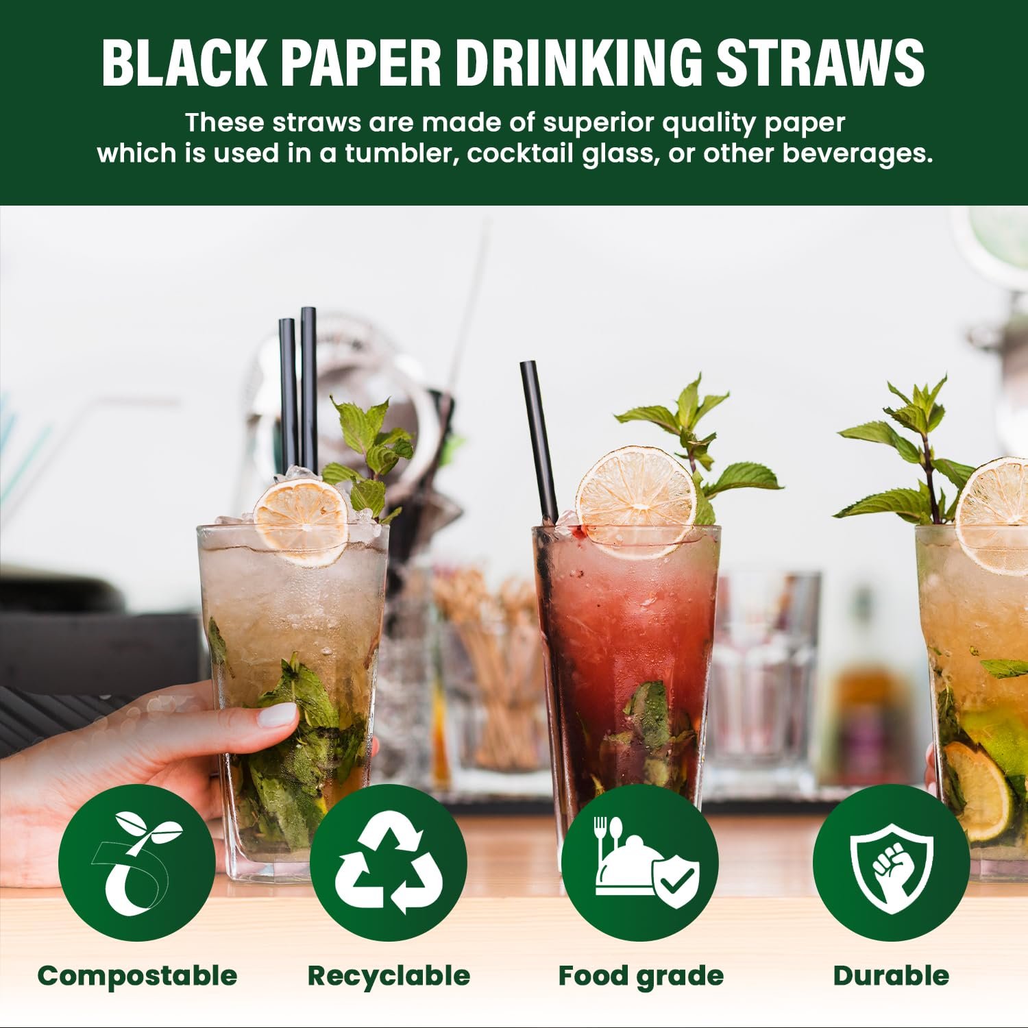 Black Paper Drinking Straws 200mm x 6mm - Image 4