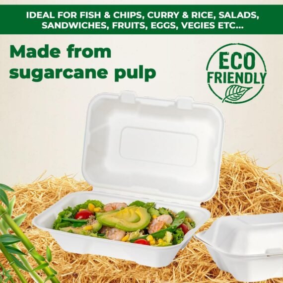 9 x 6″ Bagasse Clamshell 1 Compartment Takeaway Containers Lunch Boxes ...