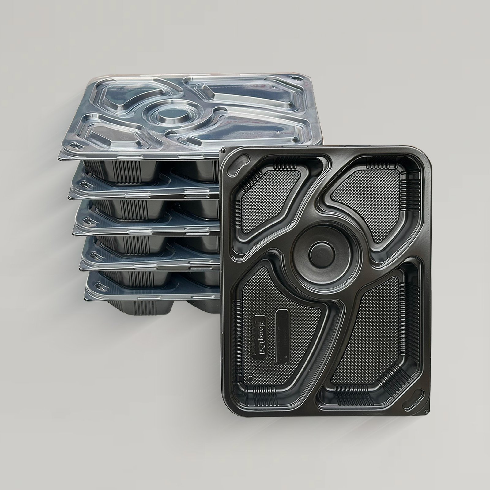 Black Base Rectangular 5-Compartment Takeaway Container With Clear Lid ...