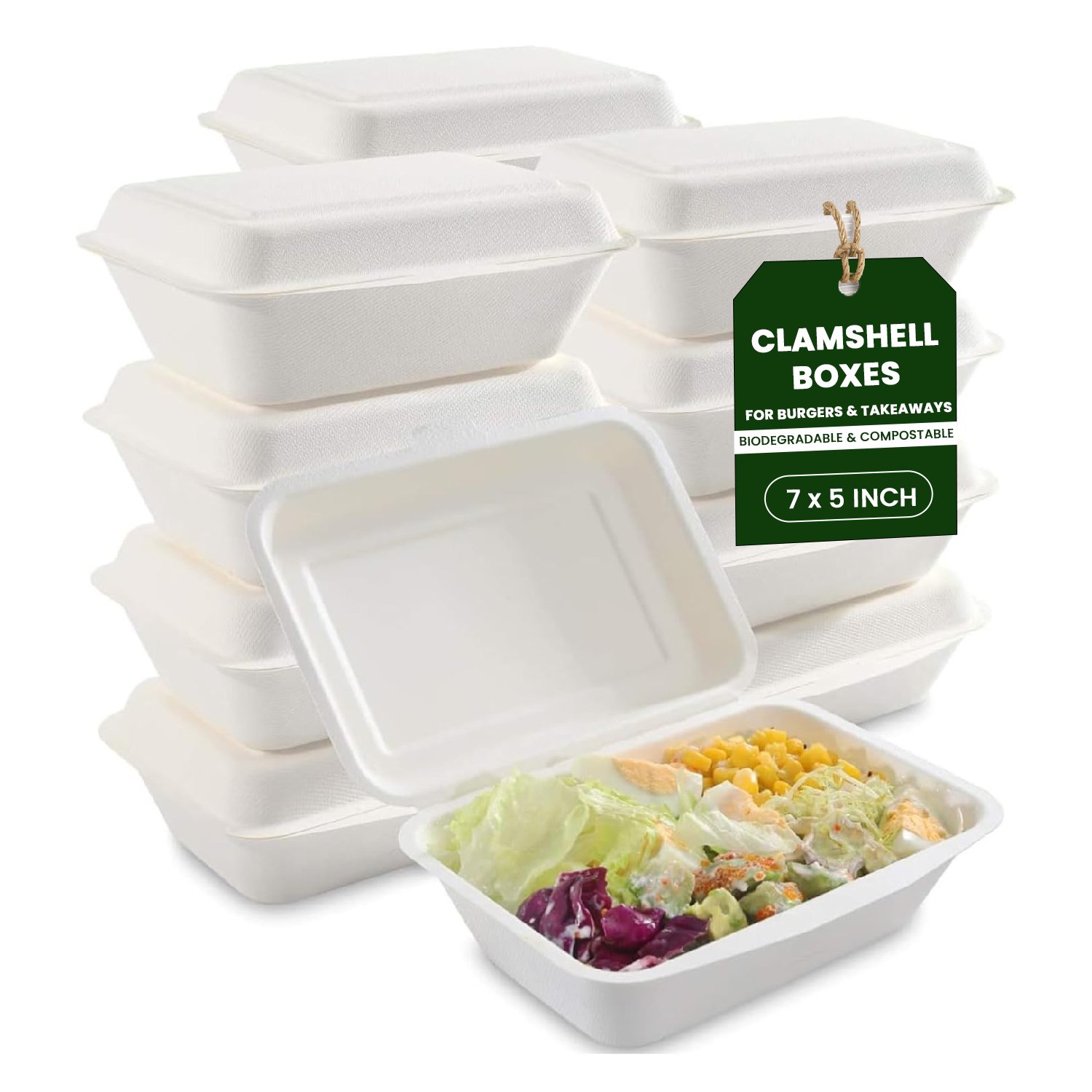7 x 5" Bagasse Clamshell 1 Compartment Takeaway Containers Food Boxes