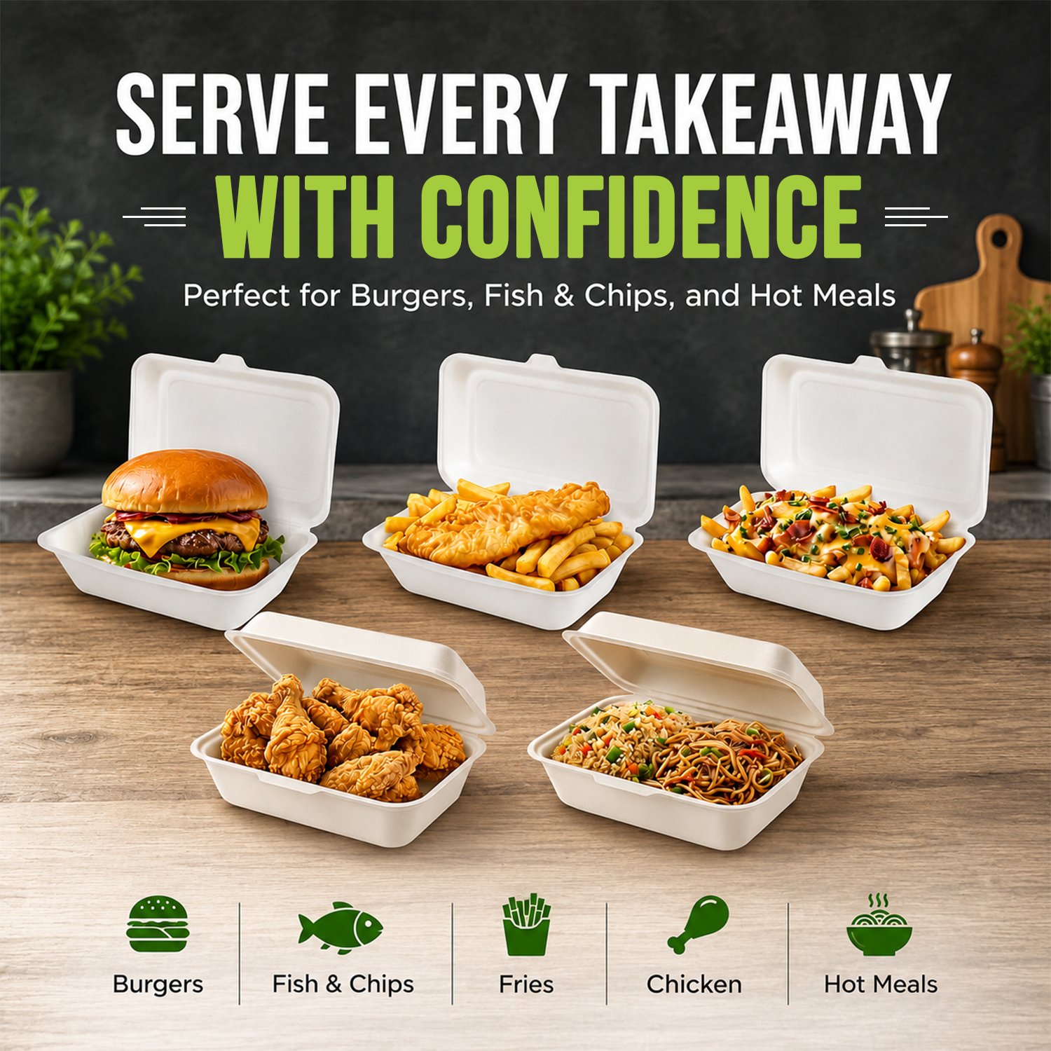 7 x 5" Bagasse Clamshell 1 Compartment Takeaway Containers Food Boxes - Image 2