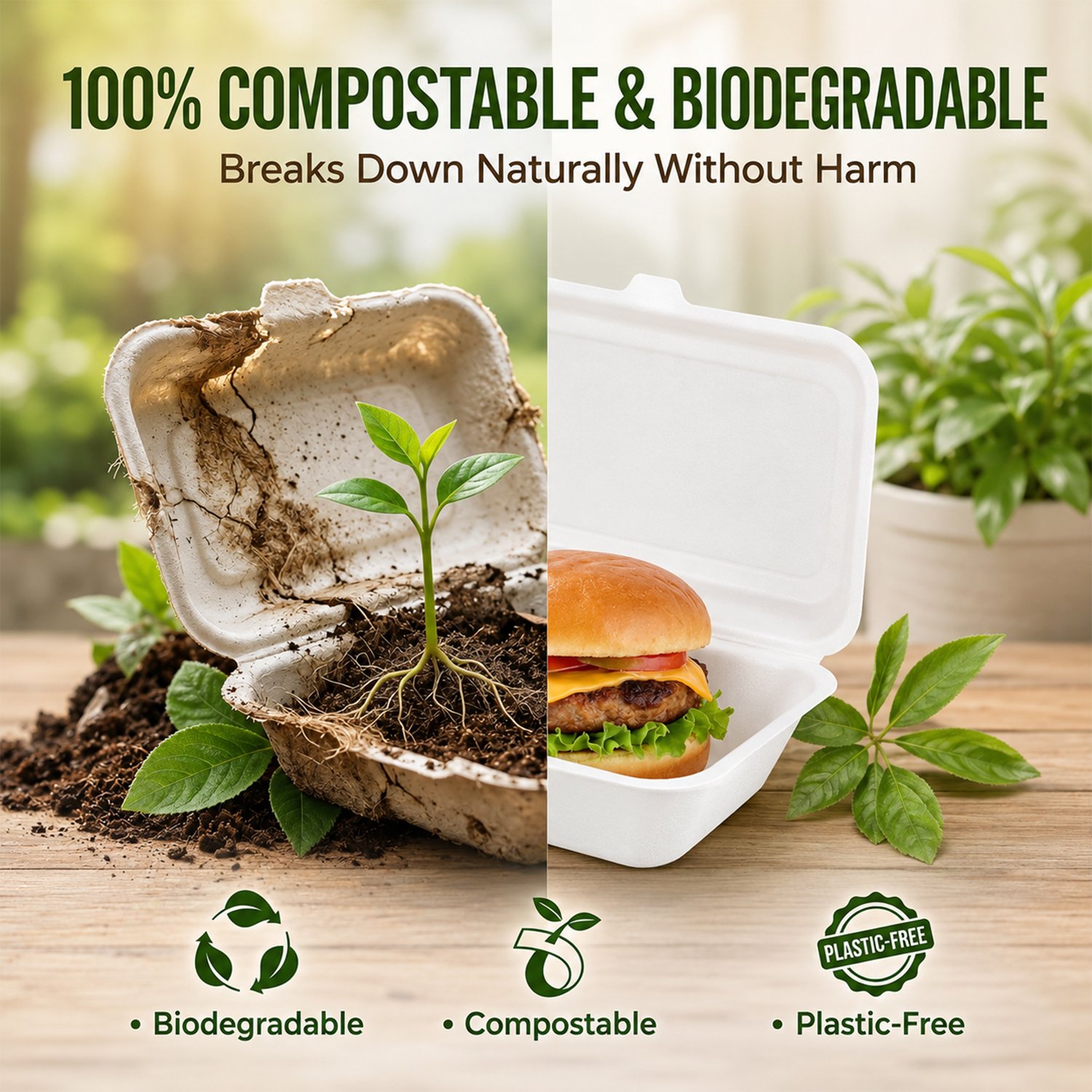 7 x 5" Bagasse Clamshell 1 Compartment Takeaway Containers Food Boxes - Image 7